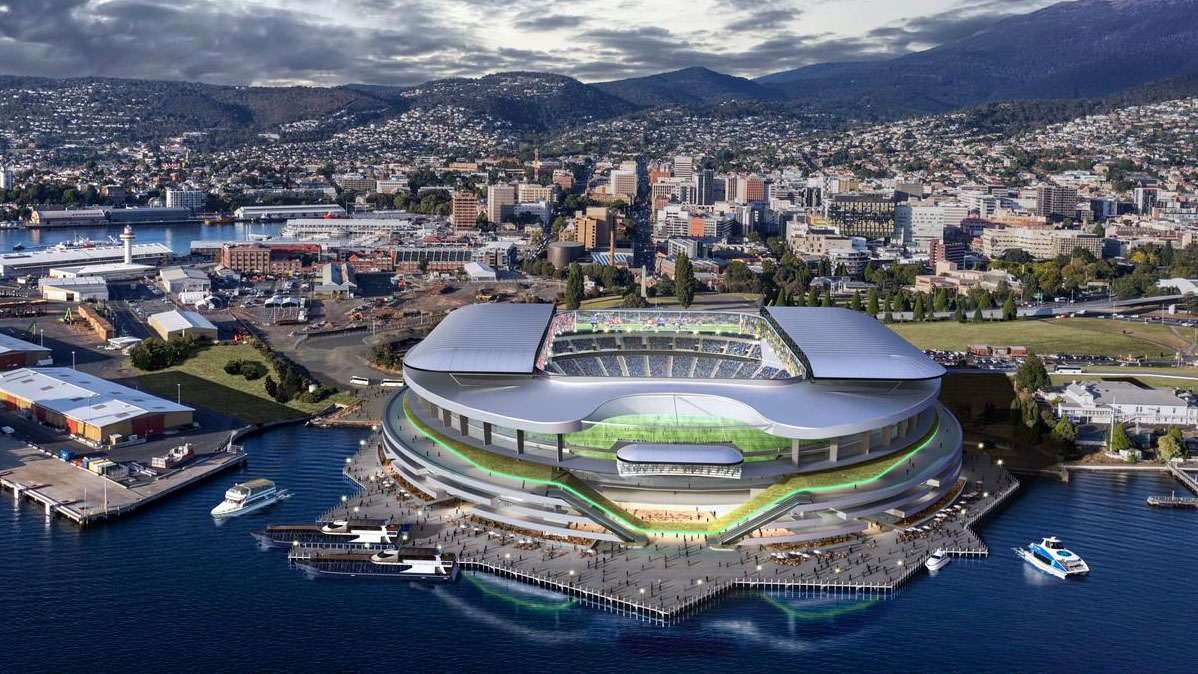 Plans for a new Hobart AFL Stadium on the banks of the River Derwent. Image: Philip Lighton Architects