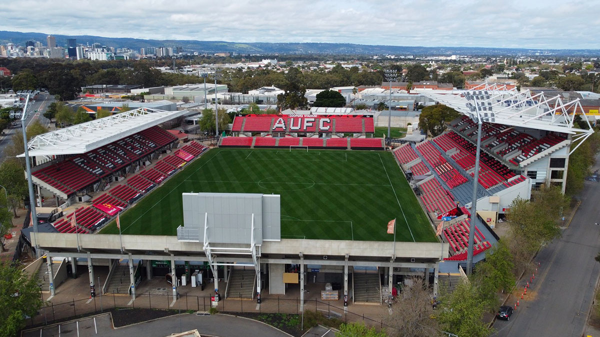 Aerial view of Coopers Stadium with the new Eastern stand roof