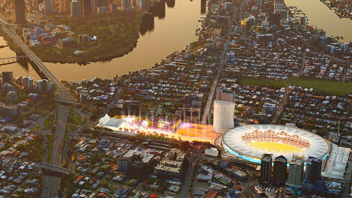 Artists impression of the new Gabba to serve as the main stadium of the Brisbane 2032 Olympic Games