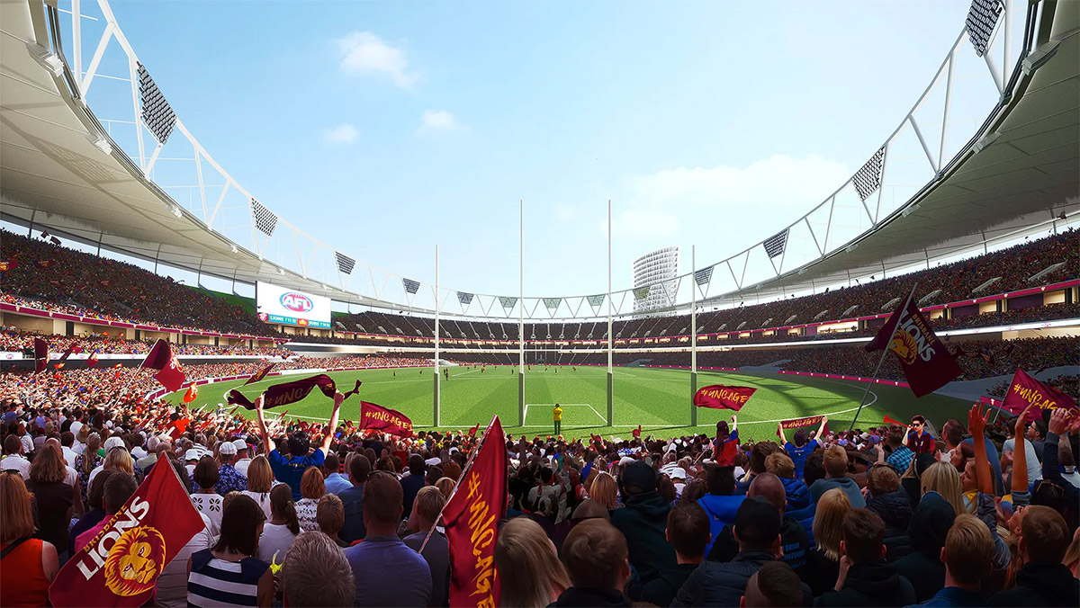 A concept drawing of the new-look Gabba hosting an AFL game